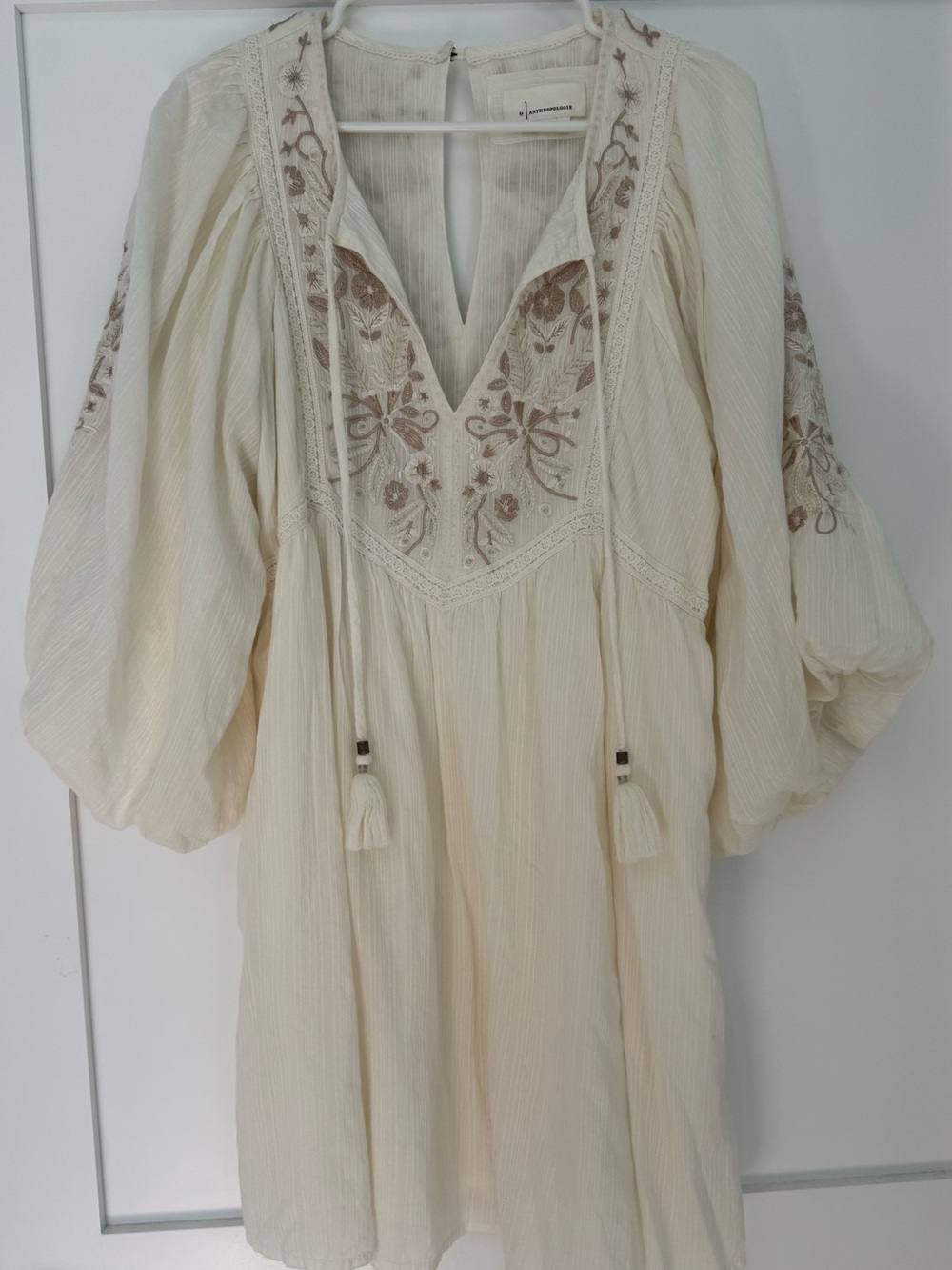 ANTHROPOLOGIE Cream Embroidered Boho Tunic Dress